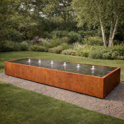 Langwerpige cortenstalen watertafel met fonteinen 500x150x40cm 452kg - Doika - Watertafel - Geroba -  - TaulaAC1